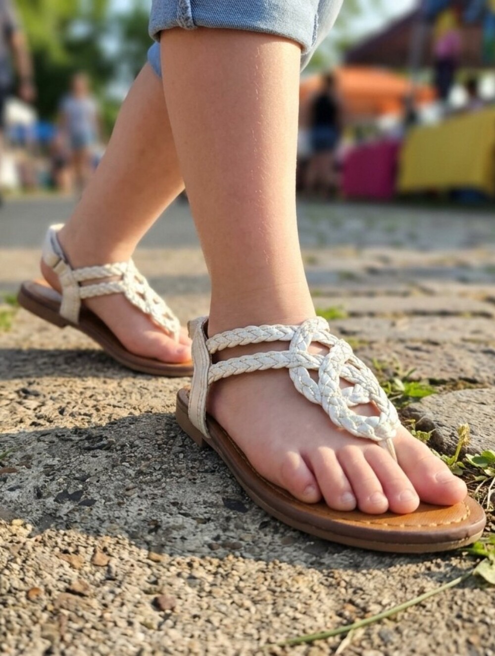 Braided T-Strap Sandals in Cream and Tan